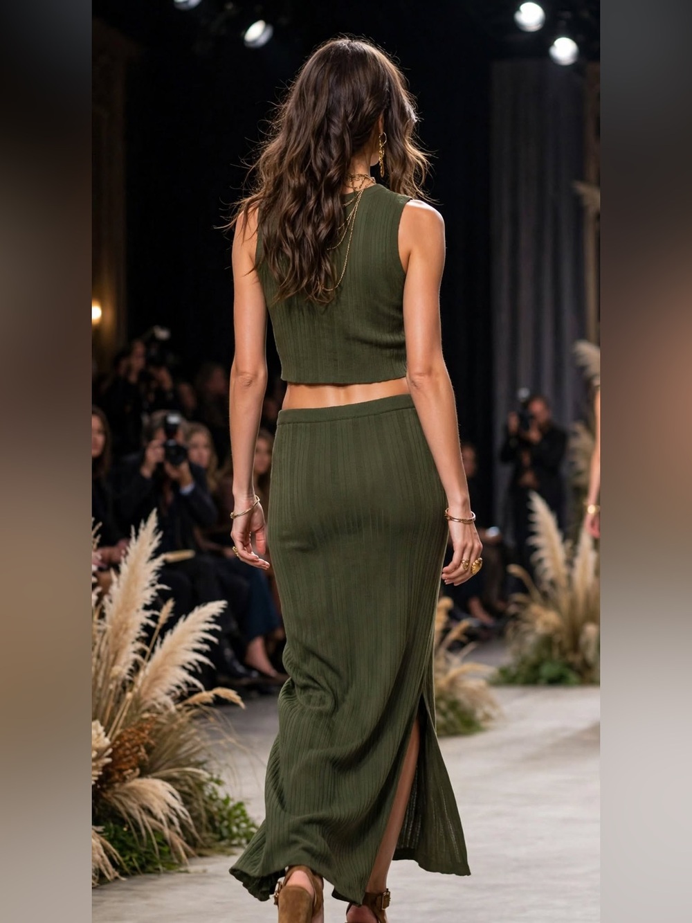 Rachel Zoe Olive Green Ribbed Maxi Skirt and Top Set L - Picture 4 of 5